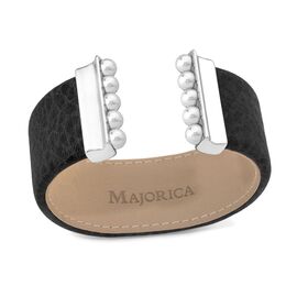 Кожаный браслет с жемчугом черный Majorica Isla
