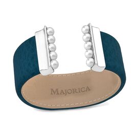 Кожаный браслет с жемчугом синий Majorica Isla