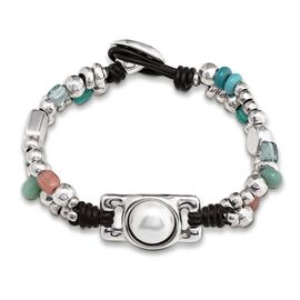 Серебряный браслет женский с жемчугом и цветными бусинами на кожаных шнурках UNOde50 Flashy