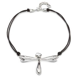 Ожерелье с подвеской серебряной на кожаных шнурках стрекоза UNOde50 коллекция Liberty