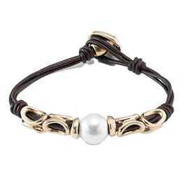Кожаный браслет женский с золотыми элементами и жемчугом UNOde50 Bond