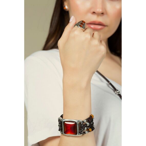 Кожаный браслет женский с серебром и муранским стеклом Ciclon Stile, изображение 2