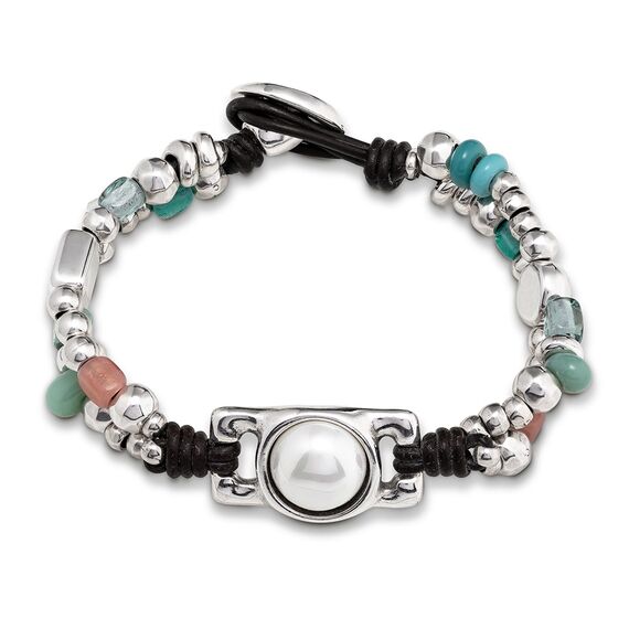 Серебряный браслет женский с жемчугом и цветными бусинами на кожаных шнурках UNOde50 Flashy