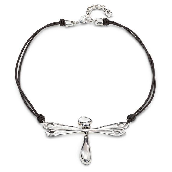 Ожерелье с подвеской серебряной на кожаных шнурках стрекоза UNOde50 коллекция Liberty