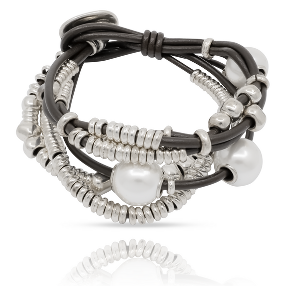 Серебряный браслет женский из кожаных нитей с жемчугом Орион UNOde50 Orion, Размер (мм): 165, изображение 3