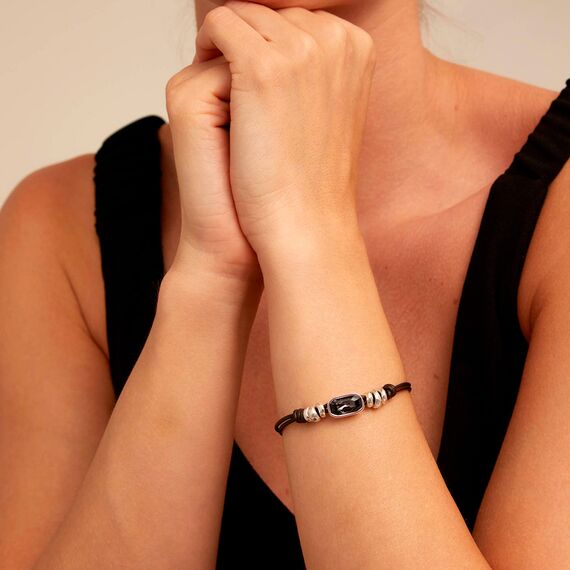 Кожаный браслет женский с серебряными вставками и кристаллом Сваровски UNOde50, изображение 4