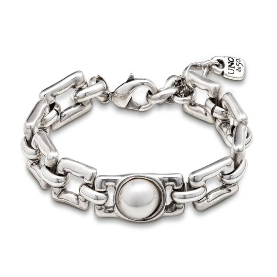 Серебряный браслет женский с квадратными звеньями и жемчужиной в центре UNOde50 Linda