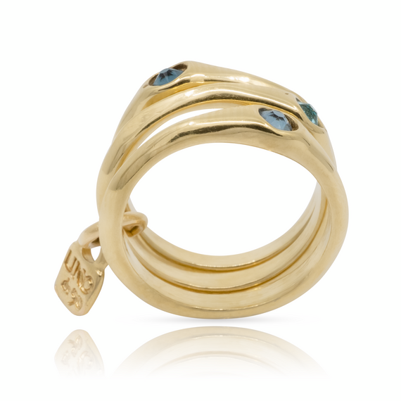 Золотое кольцо женское тройное с кристаллами Сваровски UNOde50 Happy blue, Размер (мм): 15,3-15,7, изображение 2