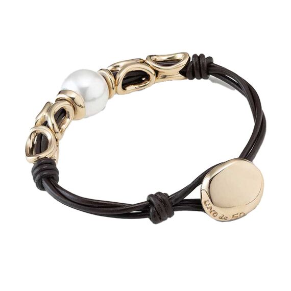 Кожаный браслет женский с золотыми элементами и жемчугом UNOde50 Bond, изображение 2