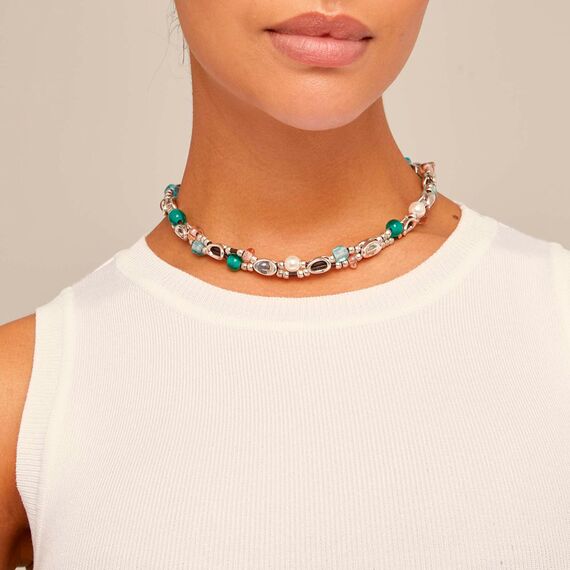 Кожаное ожерелье женское с серебряными элементами и бусинами UNOde50 Charming, изображение 4