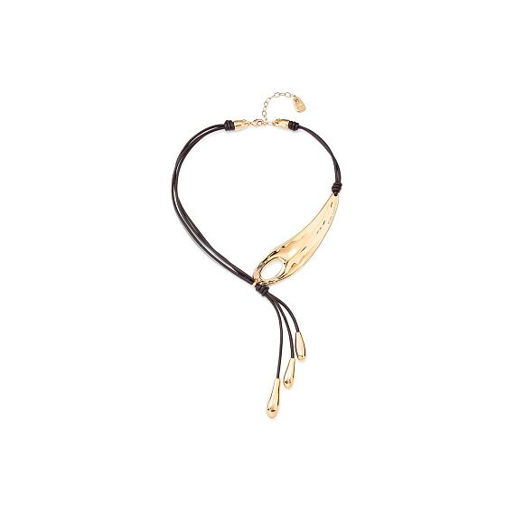 Золотое колье женское на кожаных шнурках Крыло стрекозы UNOde50 Big leaf