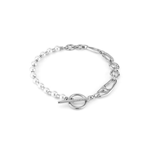 Серебряное колье женское с жемчугом и крупными звеньями разной формы UNOde50 Pearl & Match