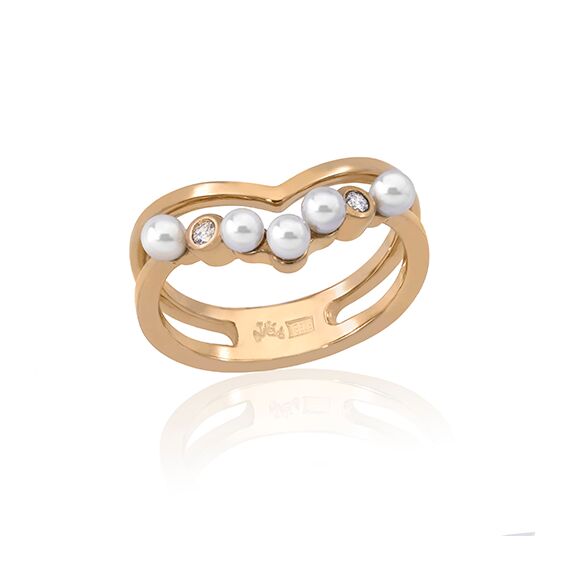 Золотое кольцо женское с органическим жемчугом и кубиками циркония Majorica Arabesque, Размер (мм): 18,1