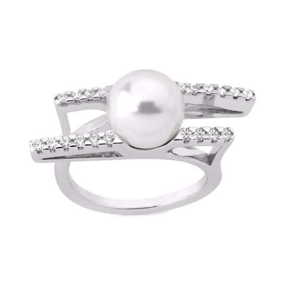 Серебряное кольцо женское с жемчугом и кубиками циркония Fine Silver Majorica, Размер (мм): 16,8