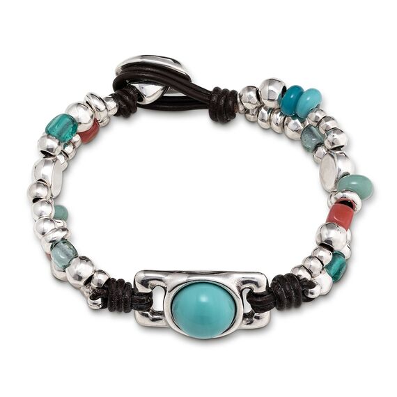 Серебряный браслет женский с цветными бусинами на кожаных шнурках UNOde50 Flashy