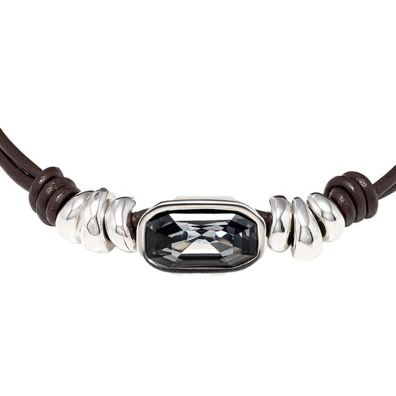 Кожаный браслет женский с серебряными вставками и кристаллом Сваровски UNOde50, изображение 2