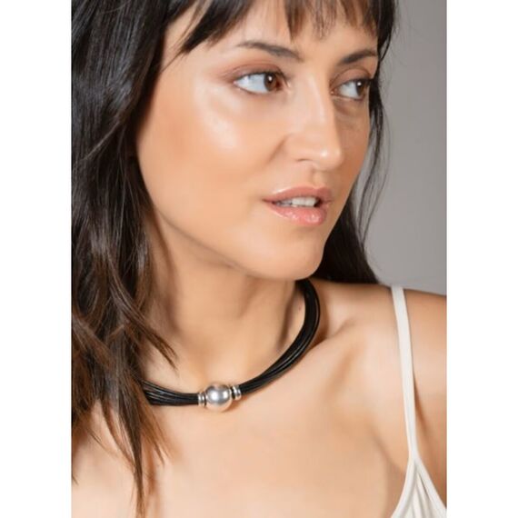 Кожаное колье женское с серебром Ciclon Spheric, изображение 2