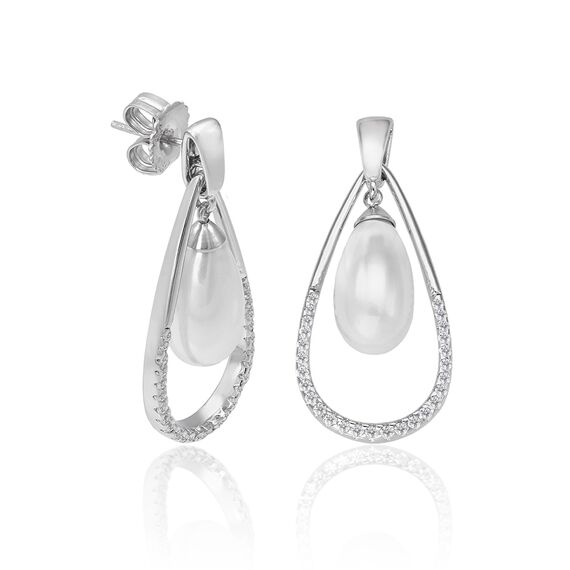 Серебряные серьги с органическим жемчугом и фианитами длинные Majorica Noëlla