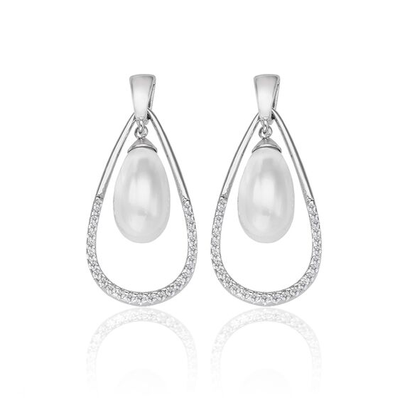 Серебряные серьги с органическим жемчугом и фианитами длинные Majorica Noëlla, изображение 2