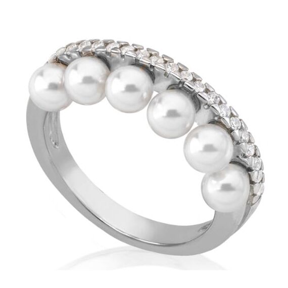 Серебряное кольцо женское с жемчугом и кубиками циркония Majorica Exquisite, Размер (мм): 16,85