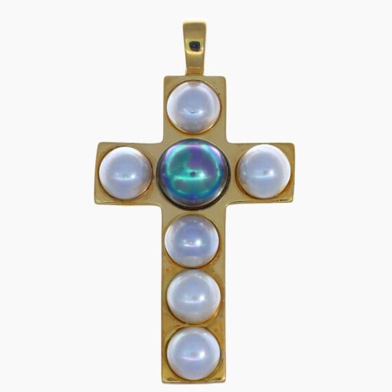 Золотой крест с органическим жемчугом Majorica Cruces