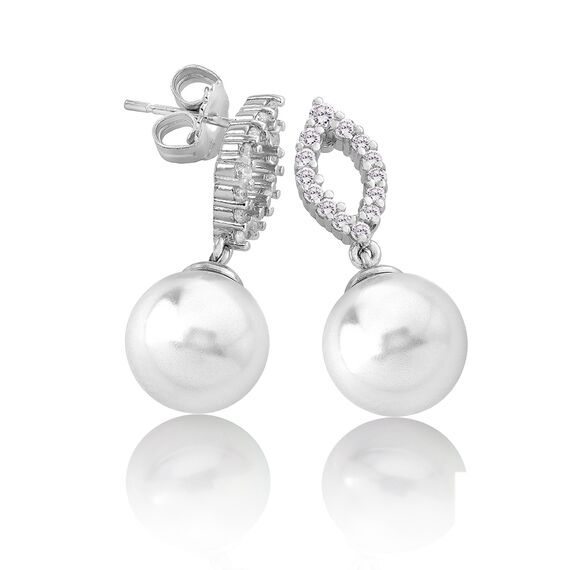 Серебряные серьги с  органическим жемчугом и кубиками циркония Majorica Tu Y Yo