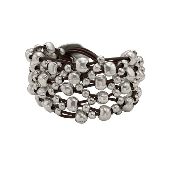 Серебряный браслет женский из бусин на кожаных нитях Непоседа UNOde50 Crazy Goat, Размер (мм): 155