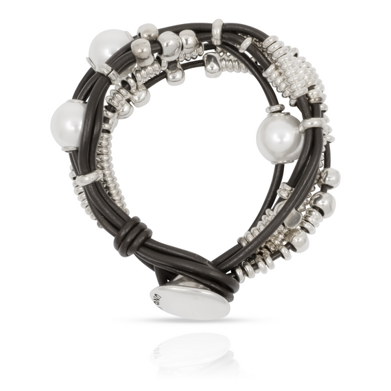 Серебряный браслет женский из кожаных нитей с жемчугом Орион UNOde50 Orion, Размер (мм): 155, изображение 2