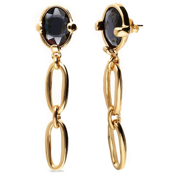 Золотые серьги-цепи с черным кристаллом UNOde50