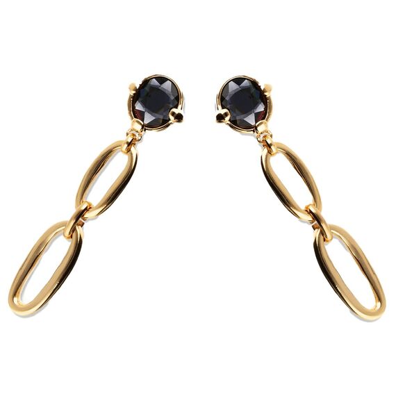 Золотые серьги-цепи с черным кристаллом UNOde50, изображение 2