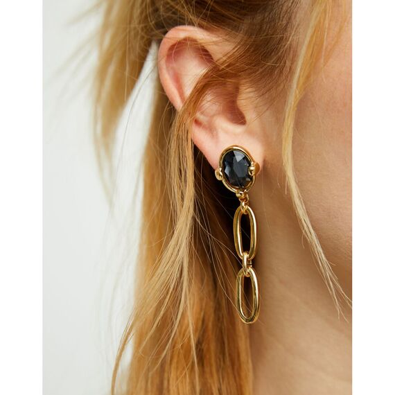 Золотые серьги-цепи с черным кристаллом UNOde50, изображение 4