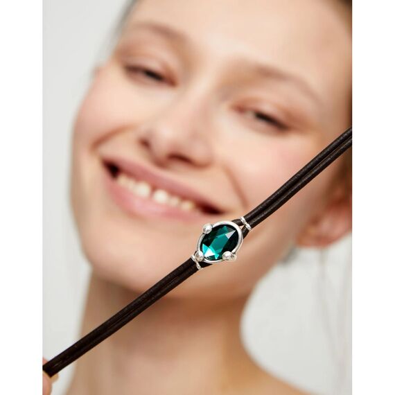 Кожаный браслет с серебром и зеленым кристаллом UNOde50, изображение 4