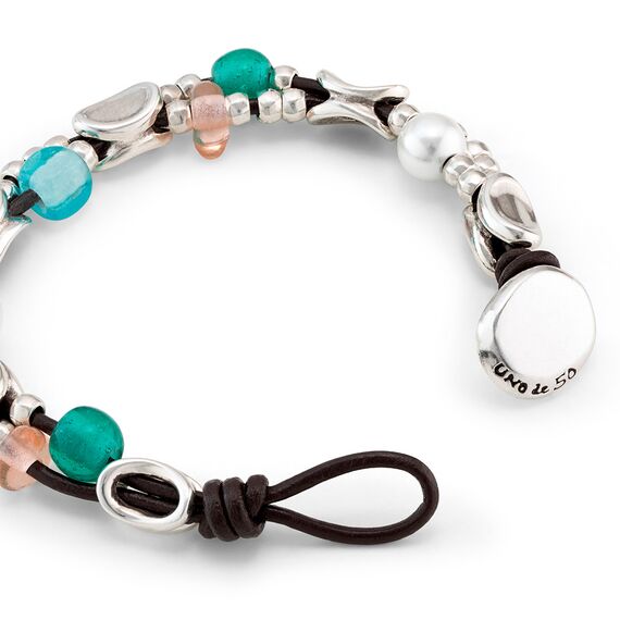 Кожаный браслет женский с серебряными элементами и бусинами UNOde50 Charming, изображение 2